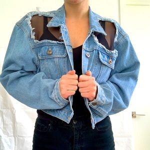 Mini Jean Cropped Jacket with Black Mesh Cutout